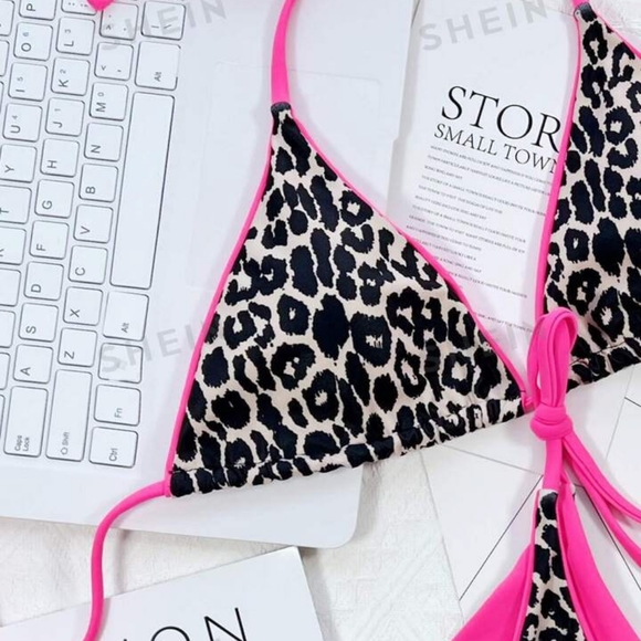 HOT PINK TRIANGLE LEOPARD PRINT BIKINI SWIMSUIT BY SHEIN SIZE XL (US 12-14) - Picture 4 of 5